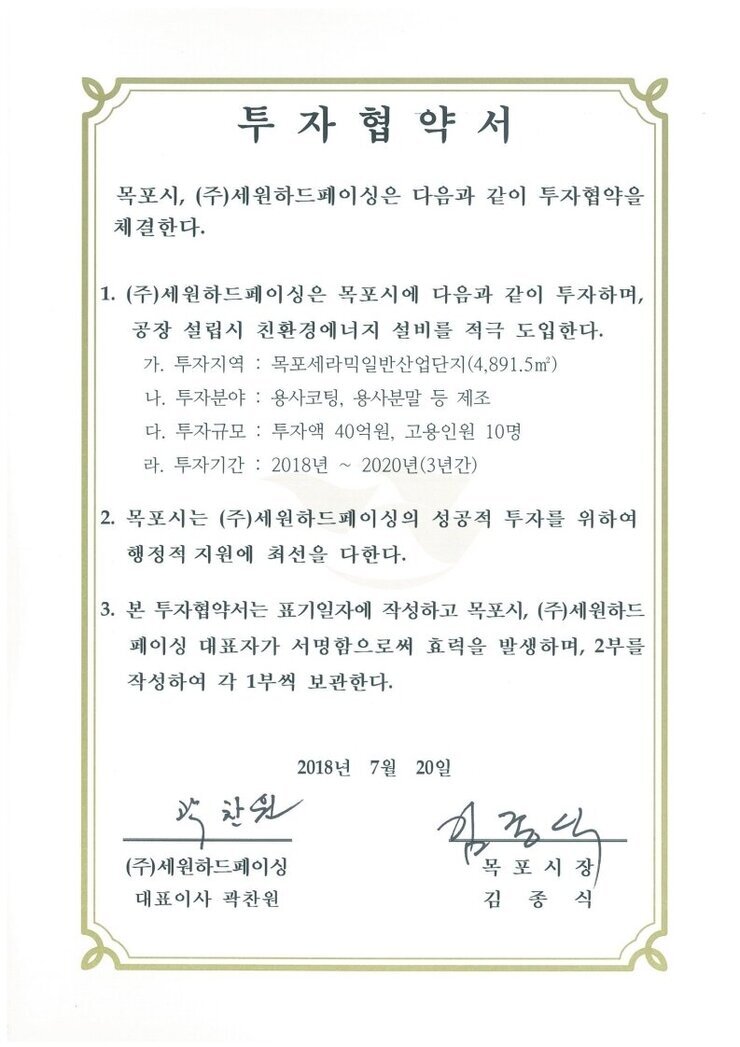 투자협약서
목포시, (주)세원하드페이싱은 다음과 같이 투자협약을체결한다.
1. (주)세원하드페이싱은 목포시에 다음과 같이 투자하며, 공장 설립시 친환경에너지 설비를 적극 도입한다.
가. 투자지역 : 목포세라믹일반산업단지(4,891.5㎡)
나. 투자분야 : 용사코팅, 용사분말 등 제조
다. 투자규모 : 투자액 40억원, 고용인원 10명
라. 투자기간 : 2018년~2020년(3년간)
2. 목포시는 (주)세원하드페이싱의 성공적 투자를 위하여 행정적 지원에 최선을 다한다.
3. 본 투자협약서는 표기일자에 작성하고 목포시, (주)세원하드 페이싱 대표자가 서명함으로써 효력을 발생하며, 2부를작성하여 각 1부씩 보관한다.
2018년 7월 20일
(주)세원하드페이싱 대표이사 곽찬원
목포시장 김종식