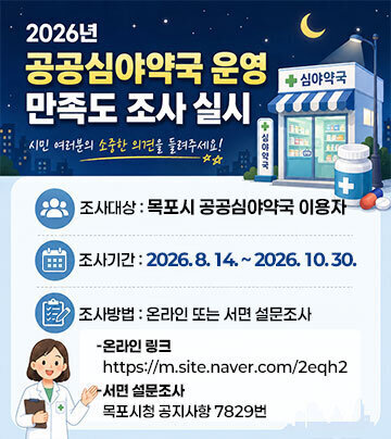 2026년 공공심야약국 운영 만족도 조사 실시 ○(조사대상) 목포시 공공심야약국 이용자 ○(조사기간) 2026. 8. 14. ~ 2026. 10. 30. ○(조사방법) 온라인 또는 서면 설문조사   -온라인 링크 : https://m.site.naver.com/2eqh2   -서면 설문조사 : 목포시청 공지사항 7829번