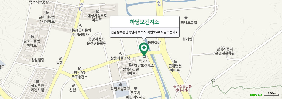 네이버 지도 이미지 위에 하당보건지소 전남광주통합특별시 목포시 석현로 48 하당보건지소 위치 표시